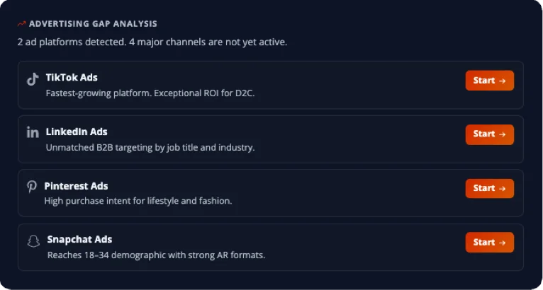 Advertising gap analysis listing ad platforms that have no tracking pixel on the scanned site