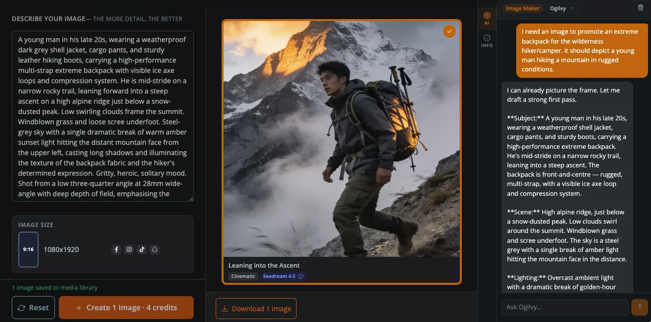 AI image maker: a written prompt, the generated hiking image and the AI assistant’s draft